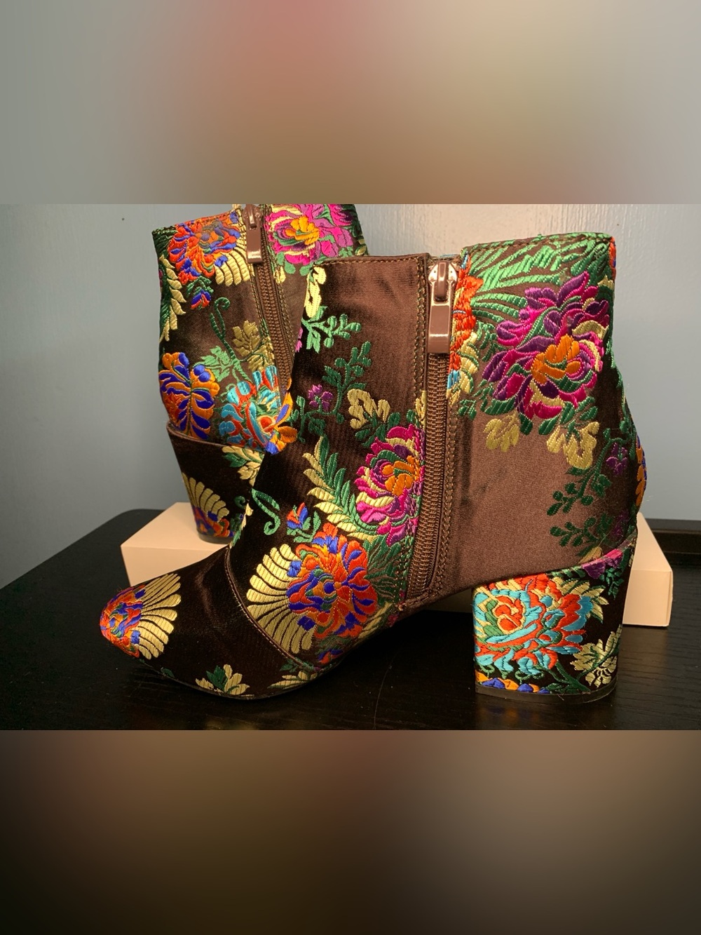 Bebo Embroidered Satin Ankle Booties with Multicolor Floral Detail